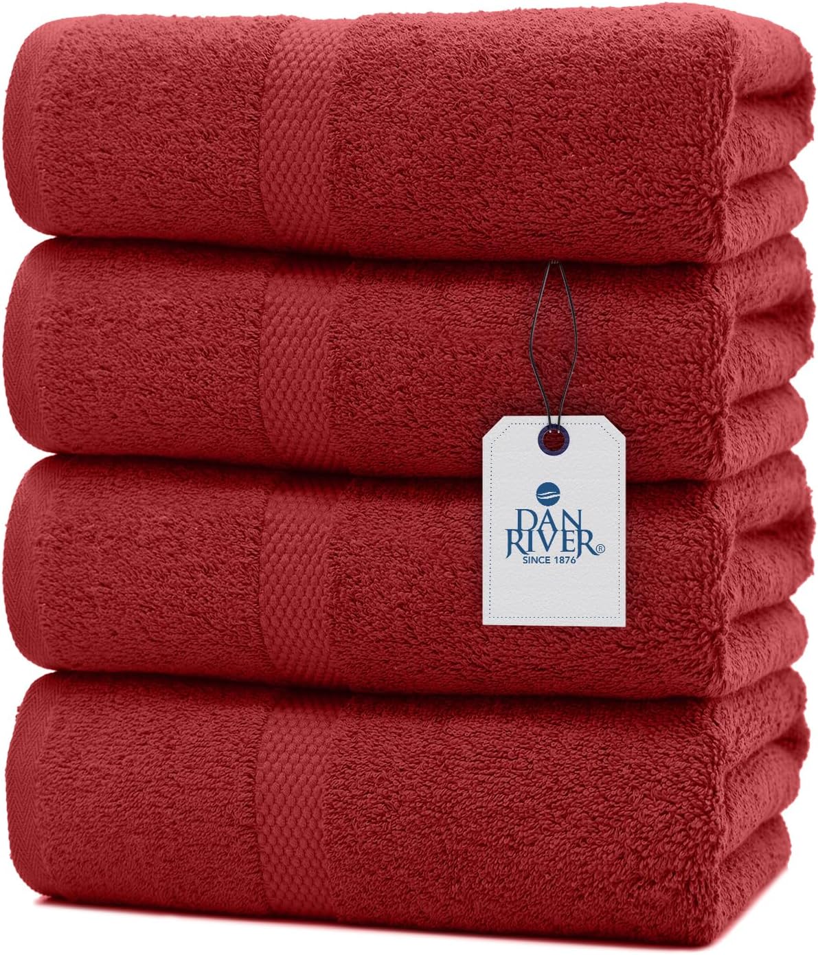 DAN RIVER Bath Towels Set of 4, 27 x 54 Inches, 100% Cotton, Larger & Lighter Weight, Quicker to Dry, Super Soft and Absorbent, Ideal Absorbent Bath Towels for Daily Use, Red