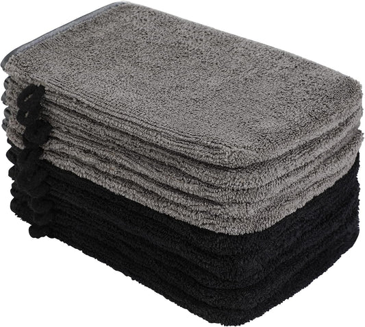 PHOGARY 10 Pack Microfiber Body Wash Mitts, Soft Face Mitten, Bath Spa Cloth, Reusable Makeup Remover Mitt Gloves, European Style Wash Cloth,6×8inch, Black and Grey
