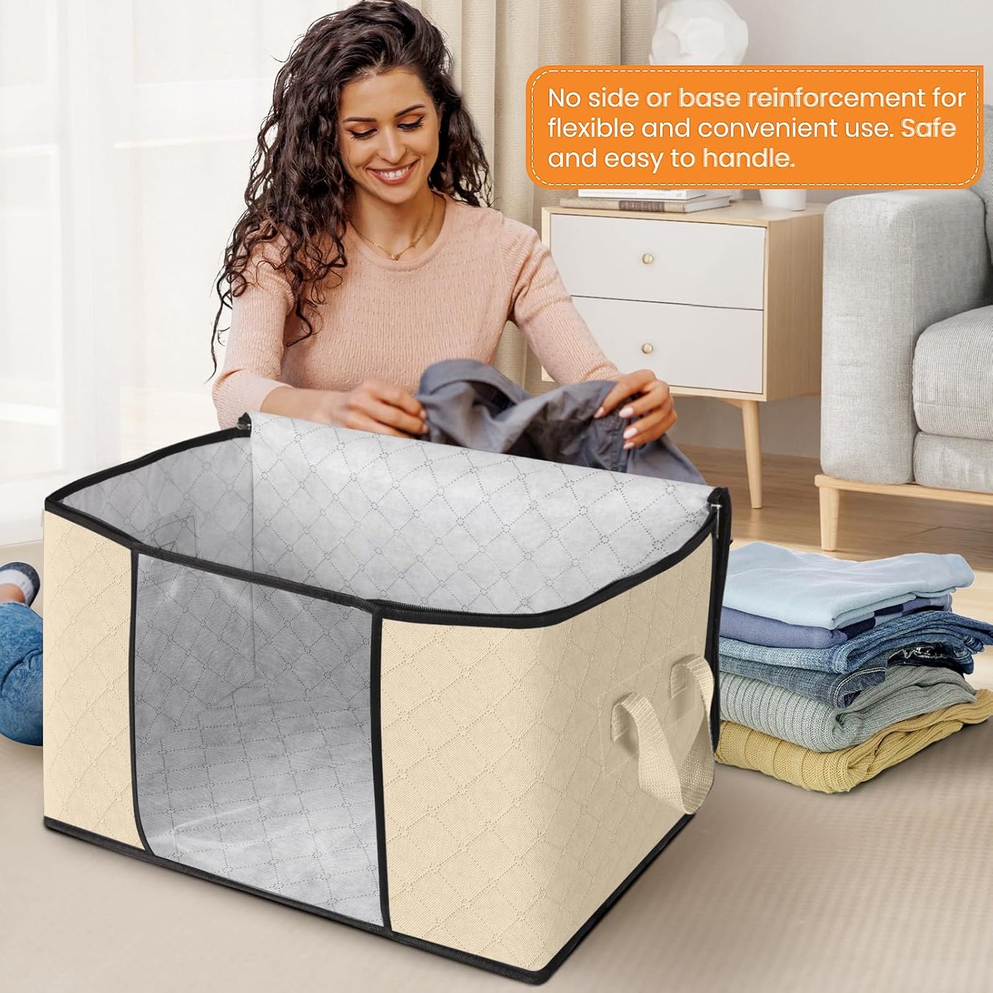 Fab totes 24 Gallons Clothes Storage, Foldable Thick Fabric Blanket Storage Bags, Containers for Organizing Bedroom, Closet, Clothing, Comforter, Organization with Handle (10 Pack,Beige)