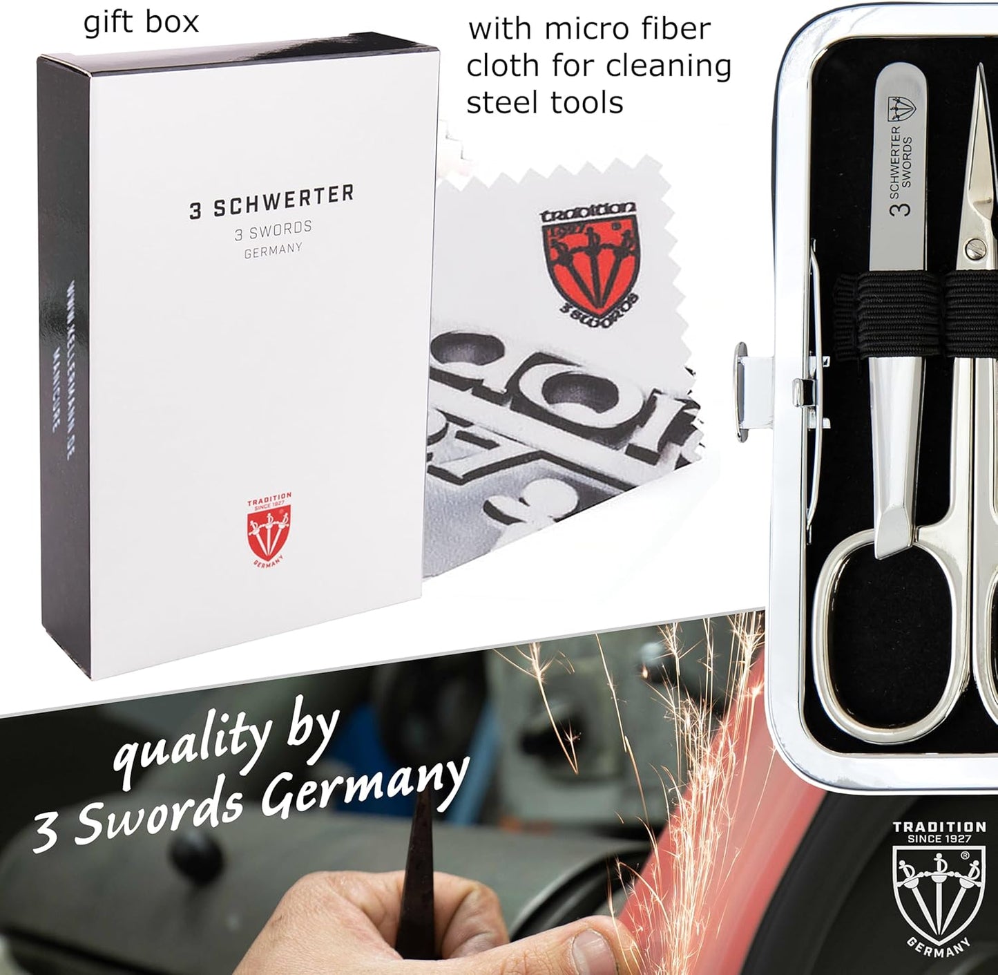 3 Swords Germany - Brand Quality 6 Piece Manicure Pedicure Grooming kit Set - Scissors, Metal and Glass Nail File, Clipper, Tweezers with Synthetic Leather case - Chequered