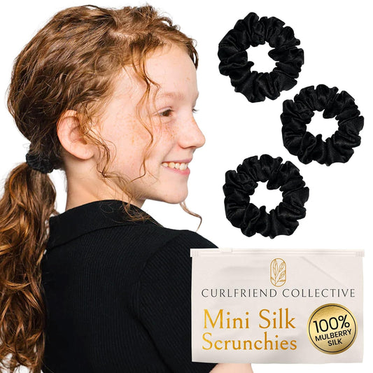 Authentic Mini Mulberry Silk Scrunchies for Women & Kids - Anti Breakage Small Silk Scrunchies for Fine, Curly & Thin Hair - No Dent, No Slip Hair Ties for Buns, Sleep & Ponytail - Onyx Black (3 Pack)