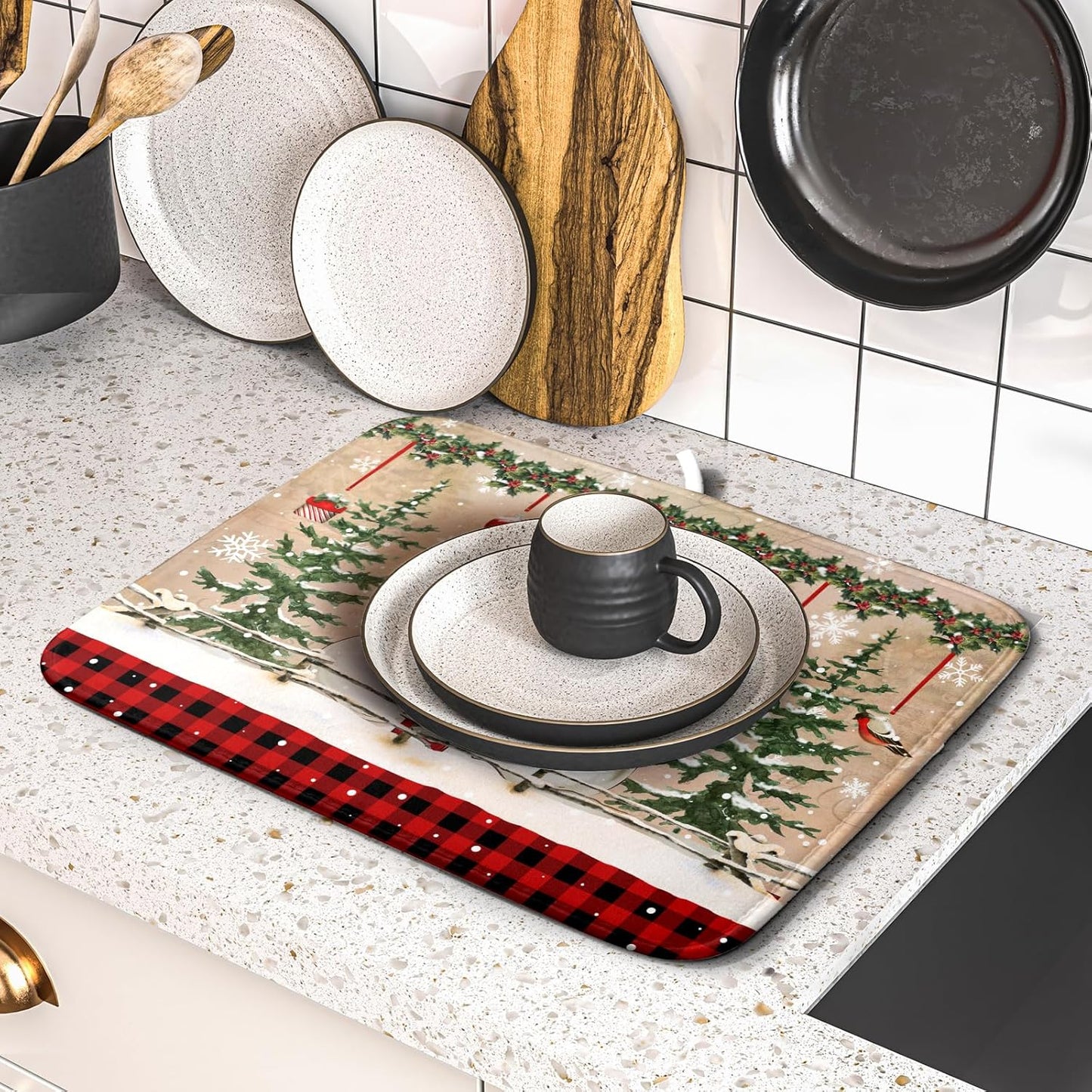 Winter Snowman Dish Drying Mat 16x18 Inch Red Buffalo Plaid Holiday Dish Drainer Mat Absorbent Dish Rack Pad for Kitchen Counter Sink Decor