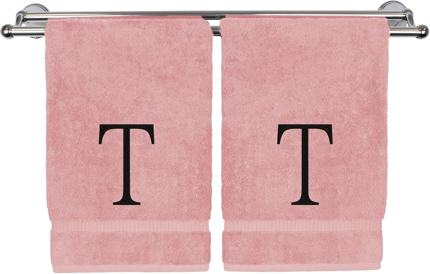 Monogrammed Hand Towel, Personalized Initial Gift, Extra Absorbent 100% Turkish Cotton - Soft Terry Finish - Set of 2 - Black Block Initial T - Embroidered on Pink Towels