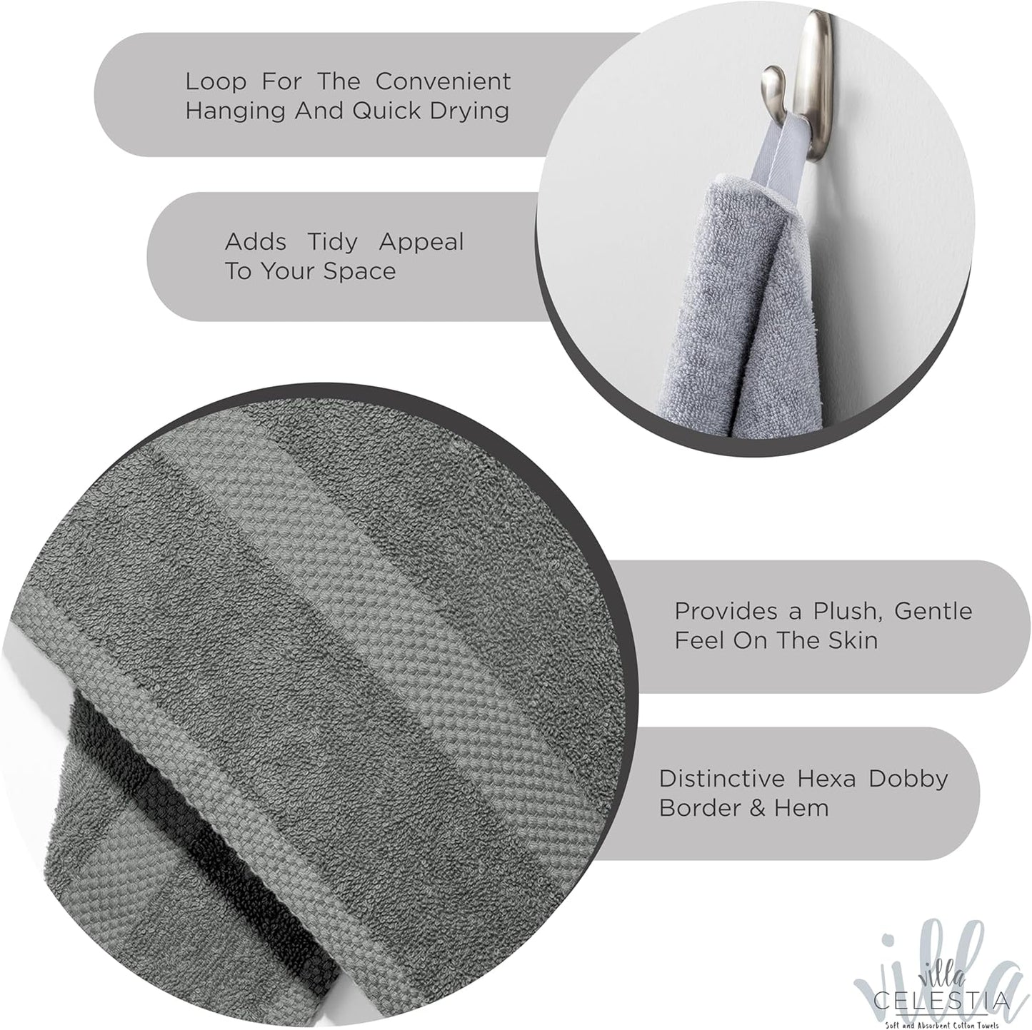 100% Cotton Bath Towel Set of 12-4 Bath Towels, 4 Hand Towels, 4 Wash Cloths, Sustainable, Soft, Highly Absorbent, Combed Cotton 12 Piece Set for Hotels, Spa, Bathroom, Dorm, Grey
