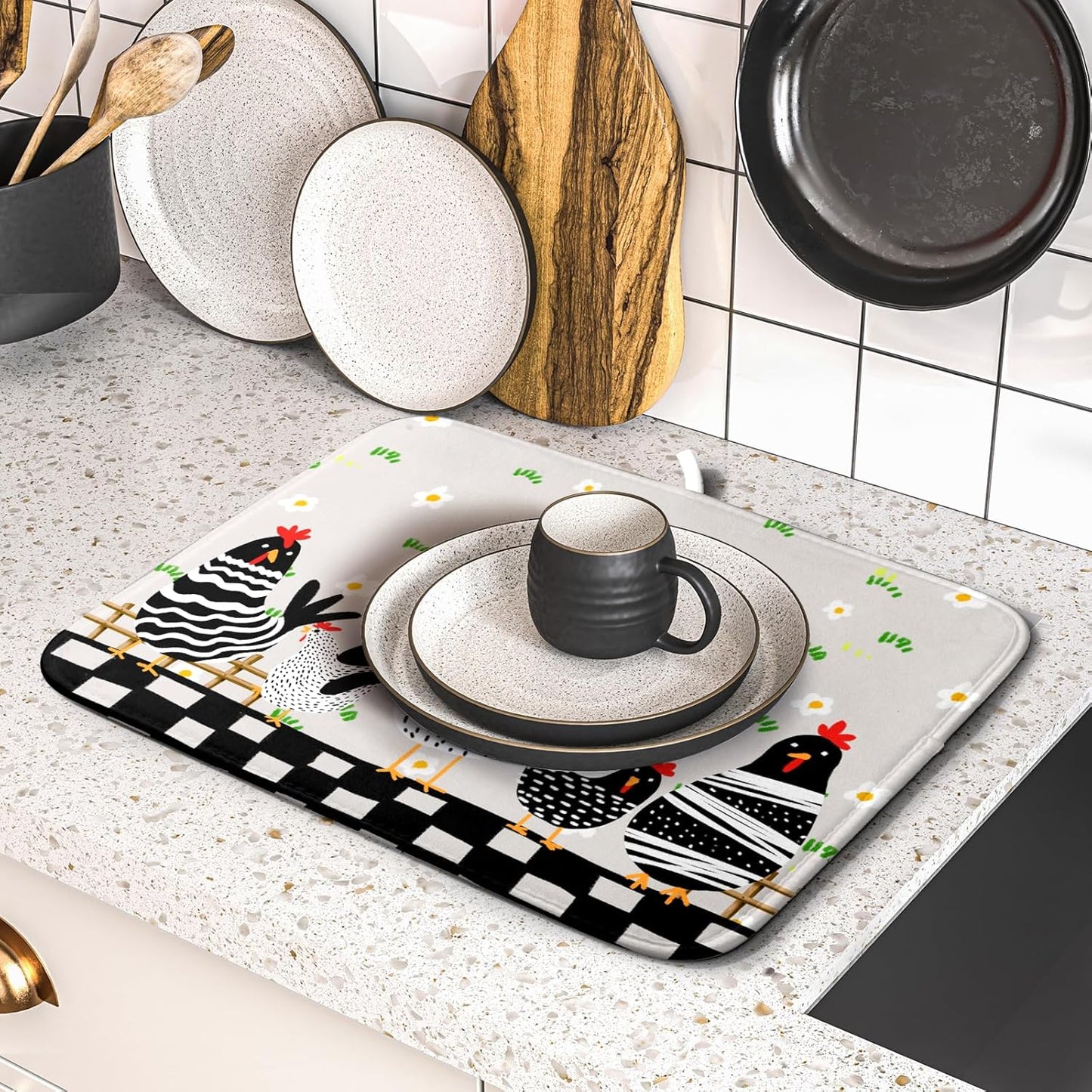 Black Rooster Dish Drying Mat for Countertop 16x18 Inches Buffalo Plaid Microfiber Drainer Rack Pads Fast Dry Dishes Mats Kitchen Accessories