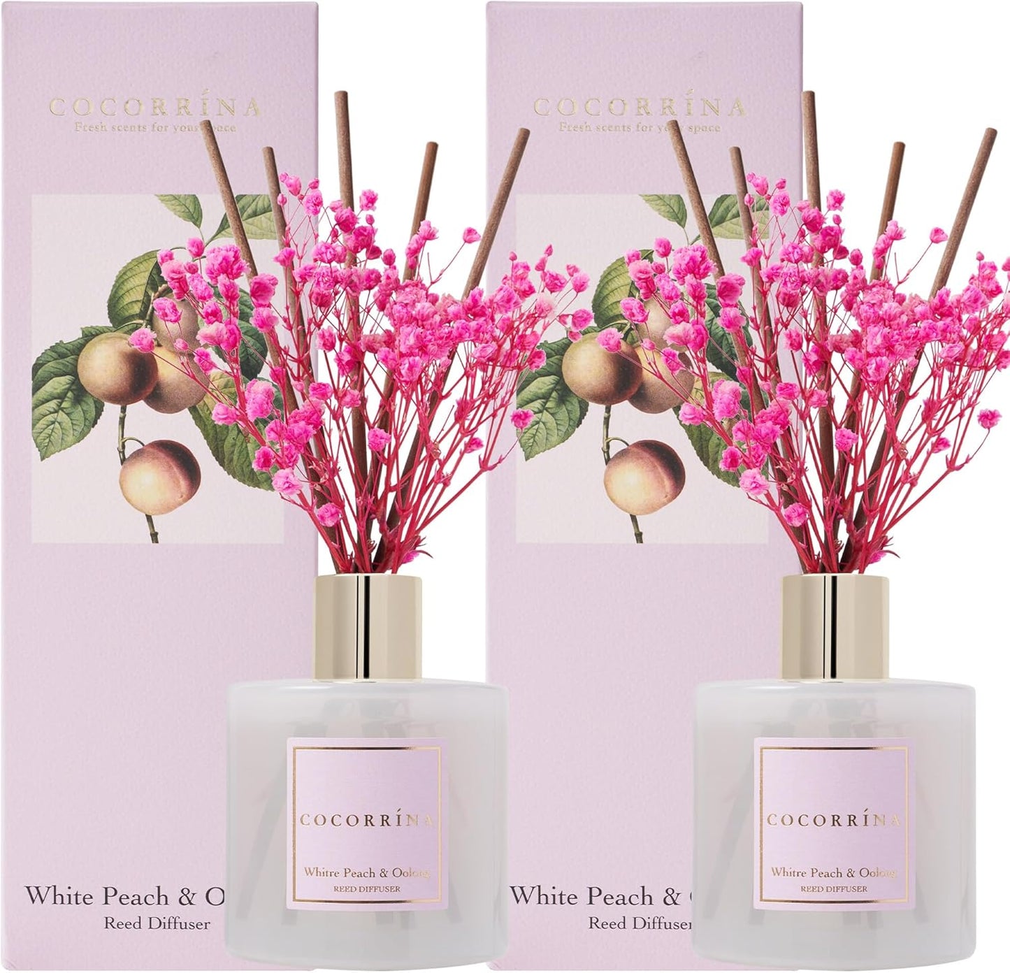Cocorrína Reed Diffuser Set - White Peach& Oolong Reed Diffuser 2 Packs 6.7oz Scent Fragrance Oil Diffuser for Bedroom Bathroom