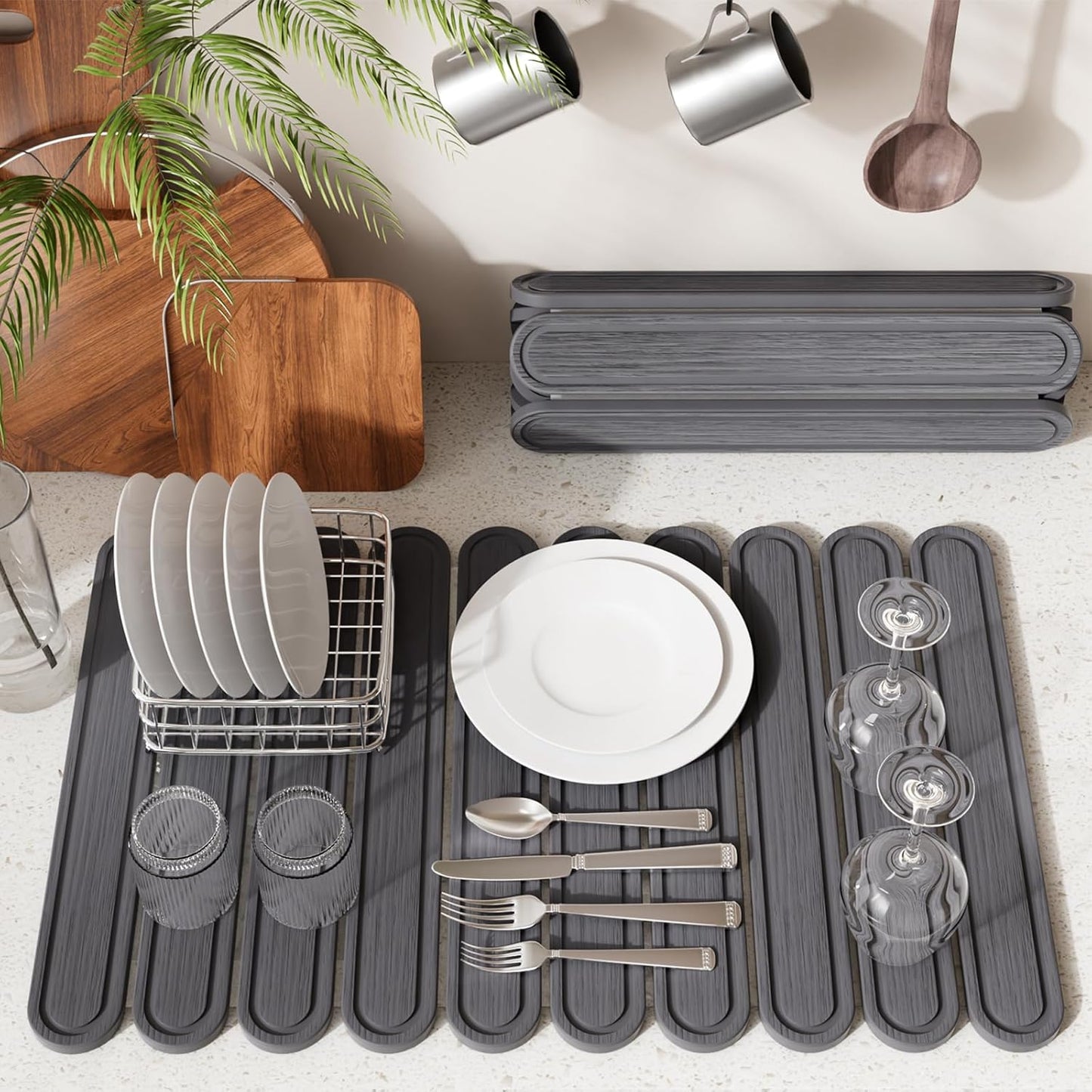 Stone Dish Drying Mat or Kitchen Counter, Quick Dry Stone Mat Kitchen for Dishes Bottles Cups, Large Foldable Diatomaceous Earth Dish Drying Mats Match Any Countertop, Dark Grey