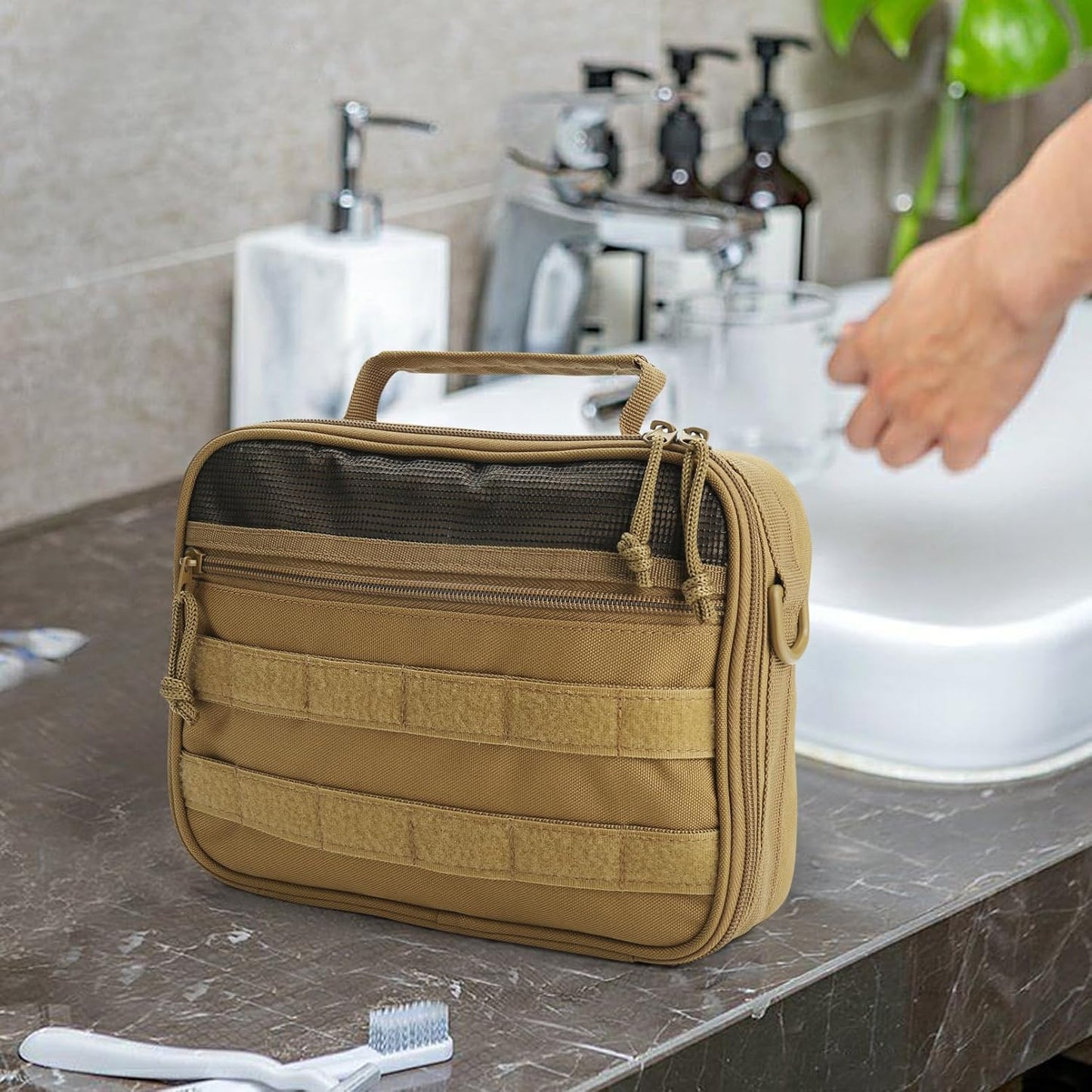 SUNRISING Tactical Toiletry Bag for Men Hanging Travel Toiletries Organizer Dopp Kit Toiletry Bags Shaving Hygiene Bag, Durable Bathroom Essentials Men's Toiletry Bag for Short Trips Camping - Khaki