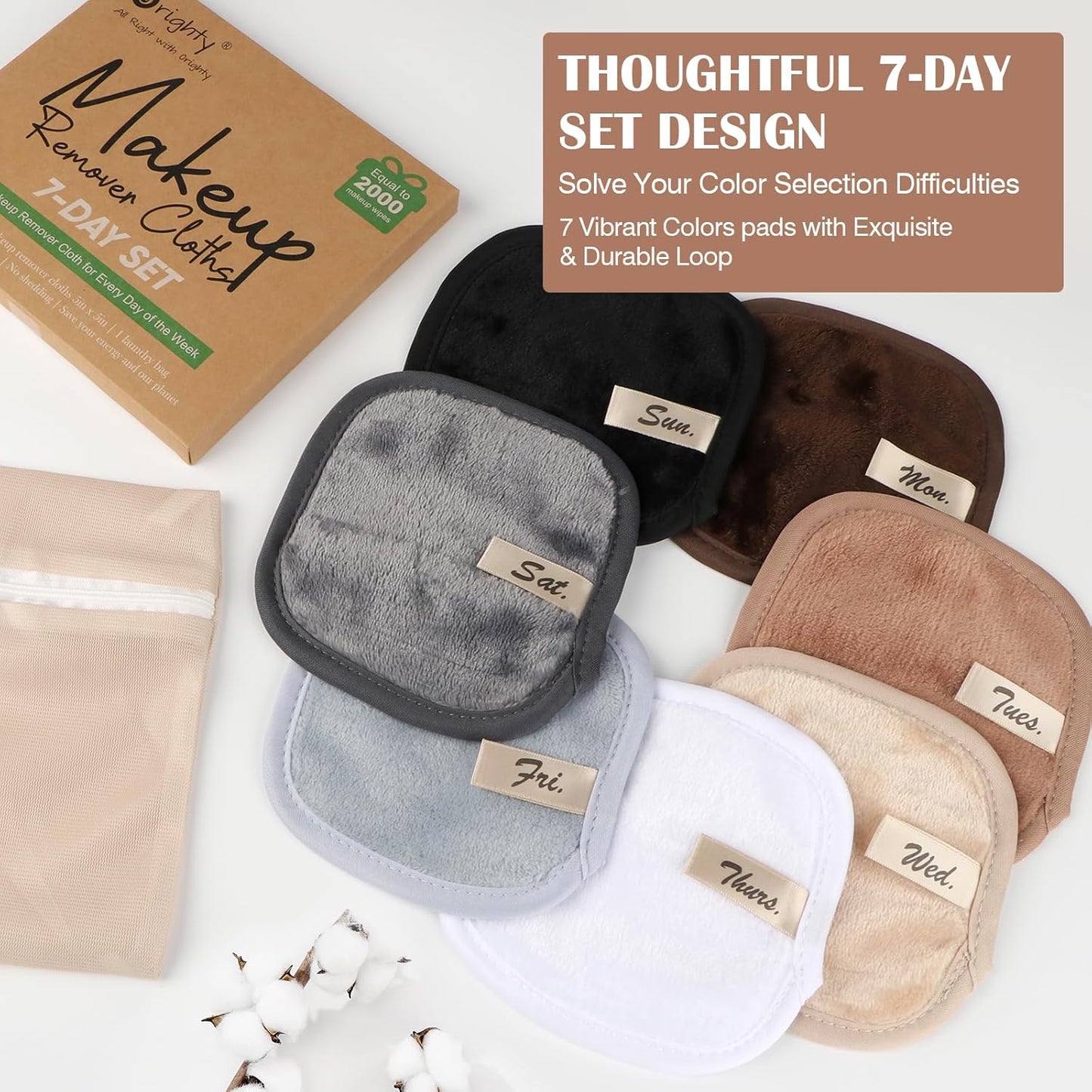 Orighty Makeup Remover Cloths 7-Day Set, Premium & Reusable Makeup Remover Pads, Erase Make-up With Just Water, Make-up Set For Eyes, Lips, Foundation and more, Ideal Choice For Women (Neutrals)