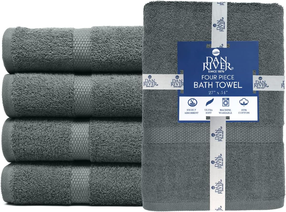 DAN RIVER Bath Towels Set of 4, 27 x 54 Inches, 100% Cotton, Larger & Lighter Weight, Quicker to Dry, Super Soft and Absorbent, Ideal Gray Bath Towels for Daily Use