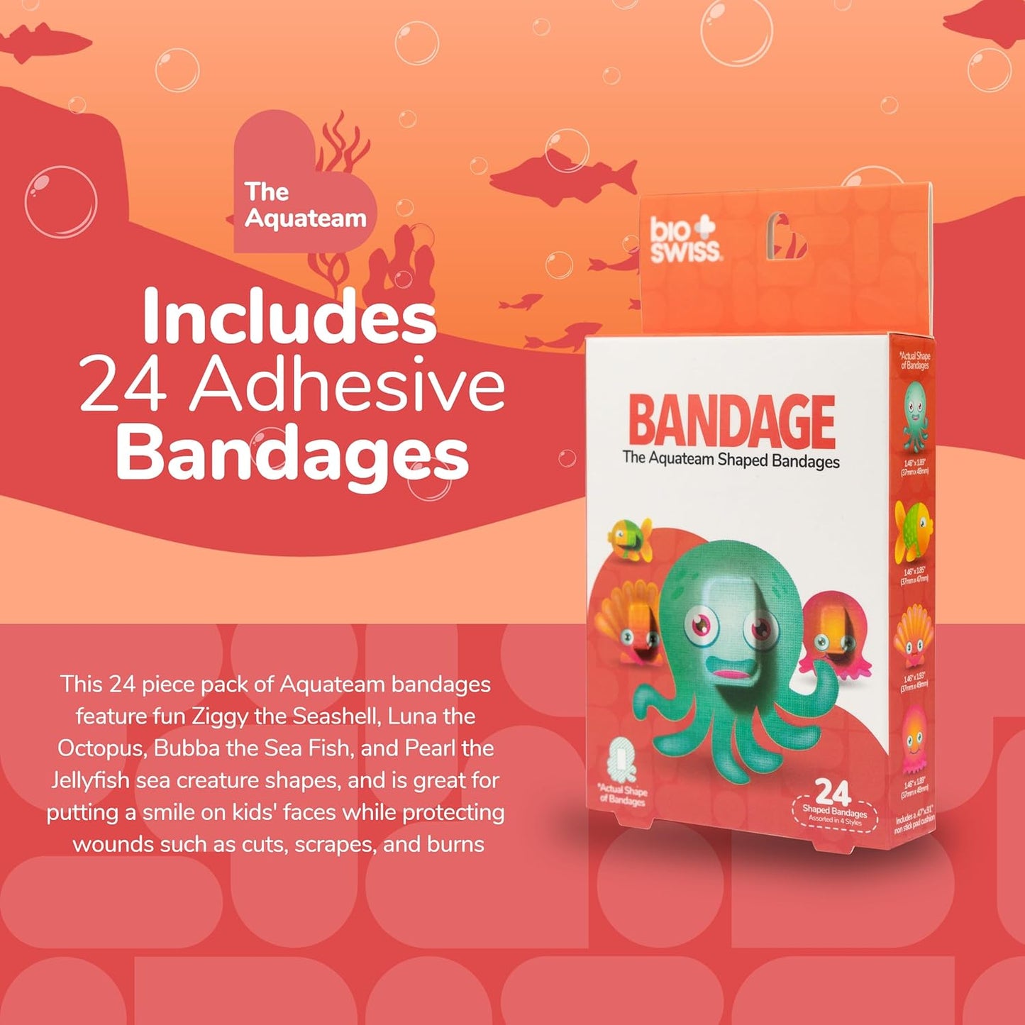 BioSwiss Kids Bandages, Aquateam Sea Creatures Shaped Self Adhesive Bandage Set, Latex Free, Sterile Wound Care, 24 Count
