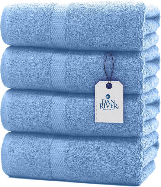 DAN RIVER Bath Towels Set of 4, 27 x 54 Inches, 100% Cotton, Larger & Lighter Weight, Quicker to Dry, Super Soft and Absorbent, Ideal Cotton Towels for Bathroom for Daily Use, Medium Blue