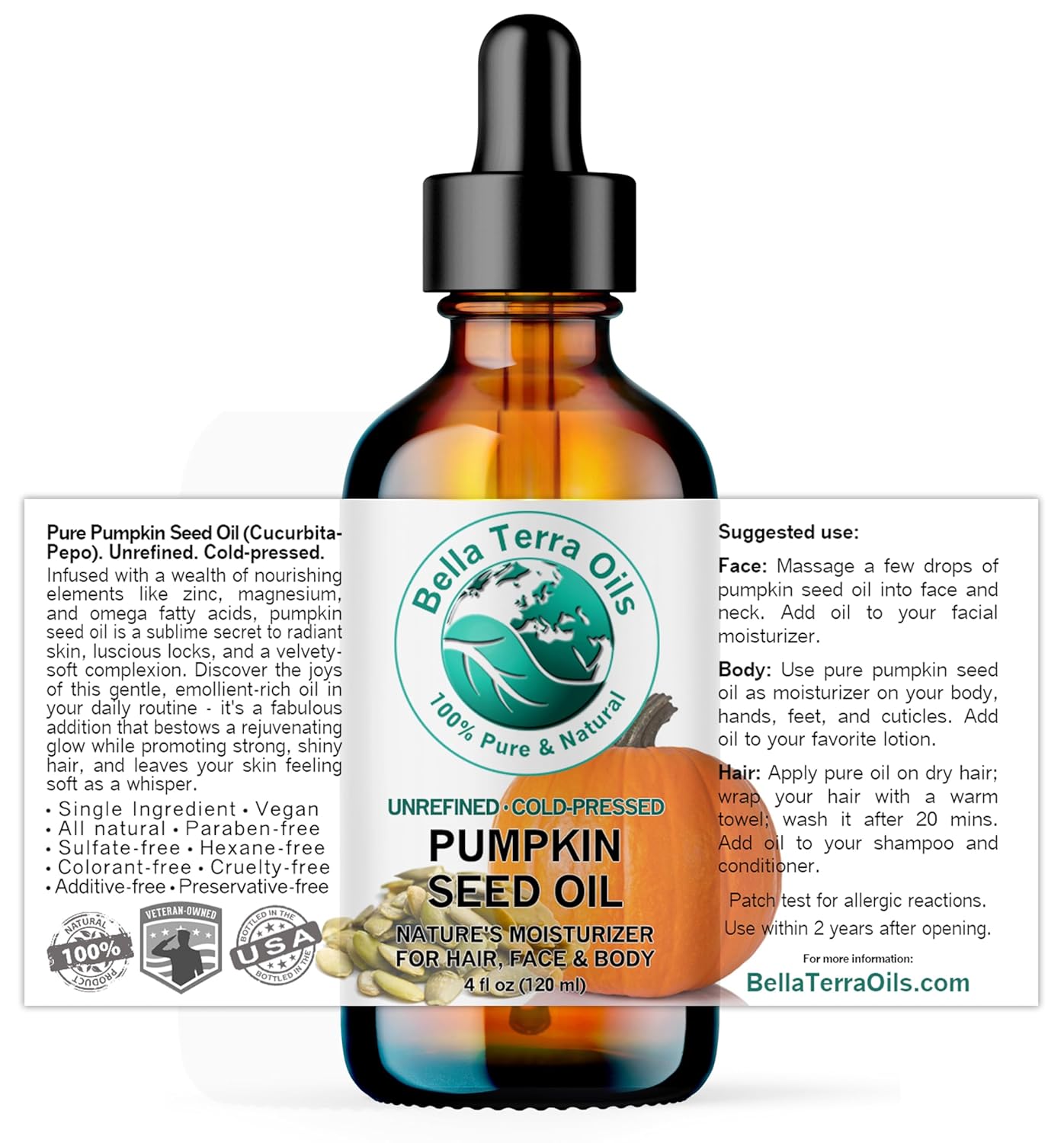Bella Terra Oils Organic Pumpkin Seed Oil – 4 oz – 100% Pure & Cold-Pressed – Rich in Phytosterols & Magnesium – Hydrating & Nourishing for Skin & Hair – Antioxidant-Rich Beauty Oil