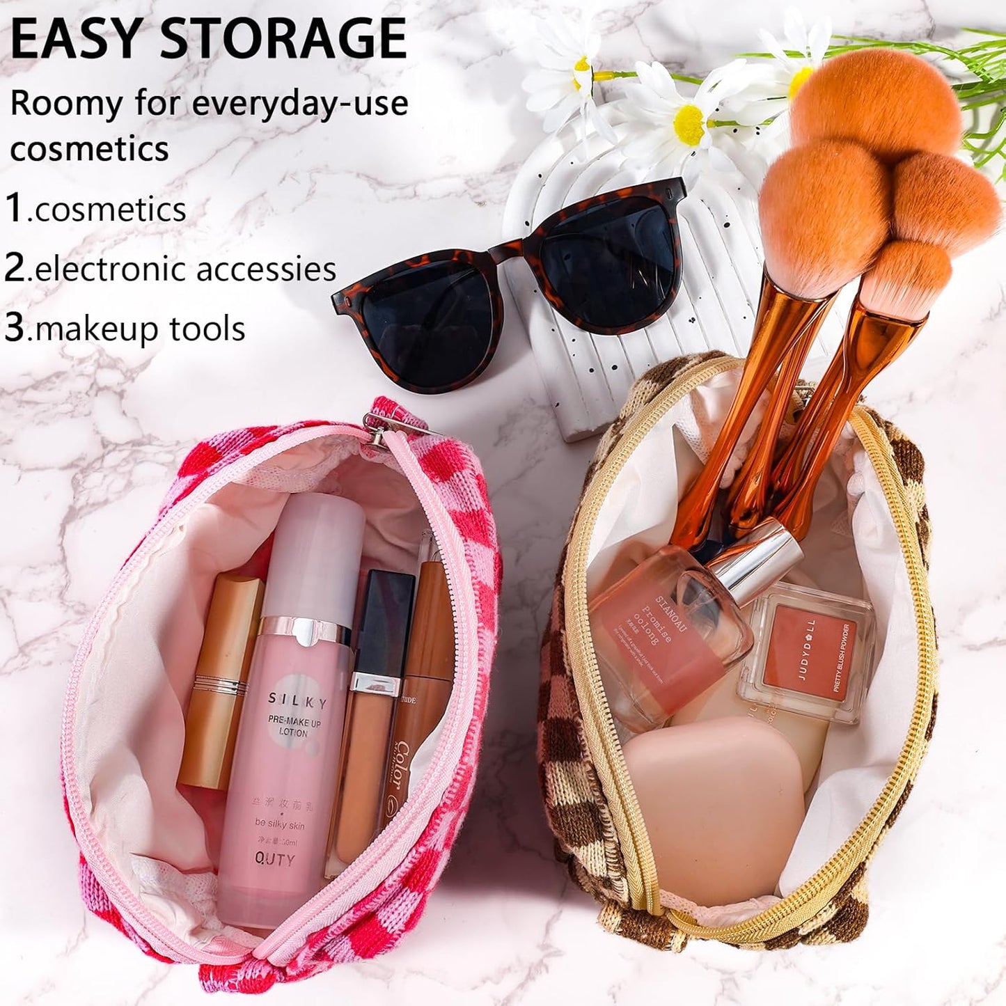 ZLFSRQ 2Pcs Checkered Pencil Case Cute Pencil Pouch for Teens Checkered Makeup Bag Medium Travel Cosmetic Bag Preppy Makeup Pouch for Purse Aesthetic Zipper Toiletry Bags Organizer(Pink/Brown)