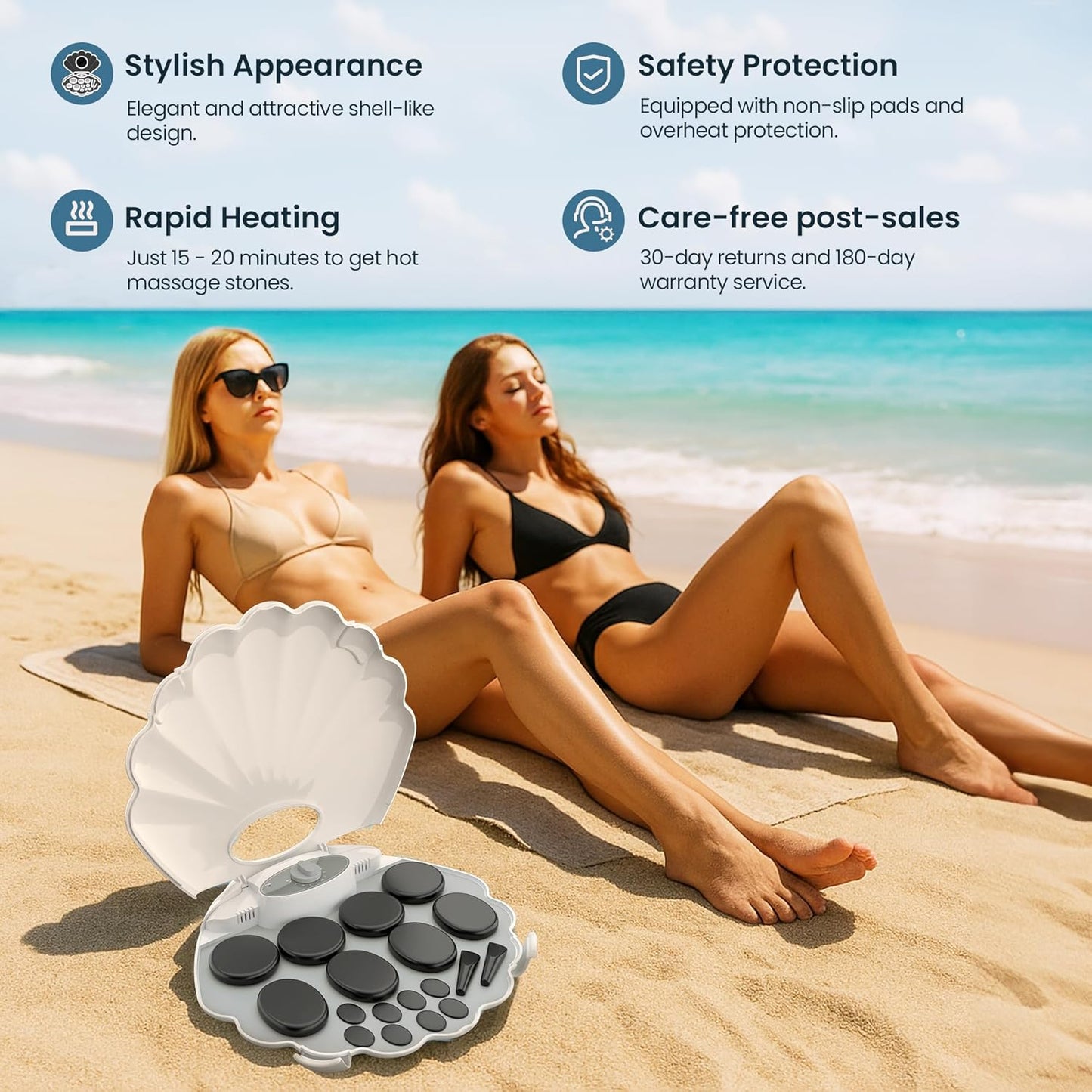 Shell Hot Stones Massage Set, 18-Piece Basalt Hot Stones with Heater Kit, Featuring an Elegant Seashell Design for Spa Use. Perfect for Relaxation, Healing, and Pain Relief. （White）
