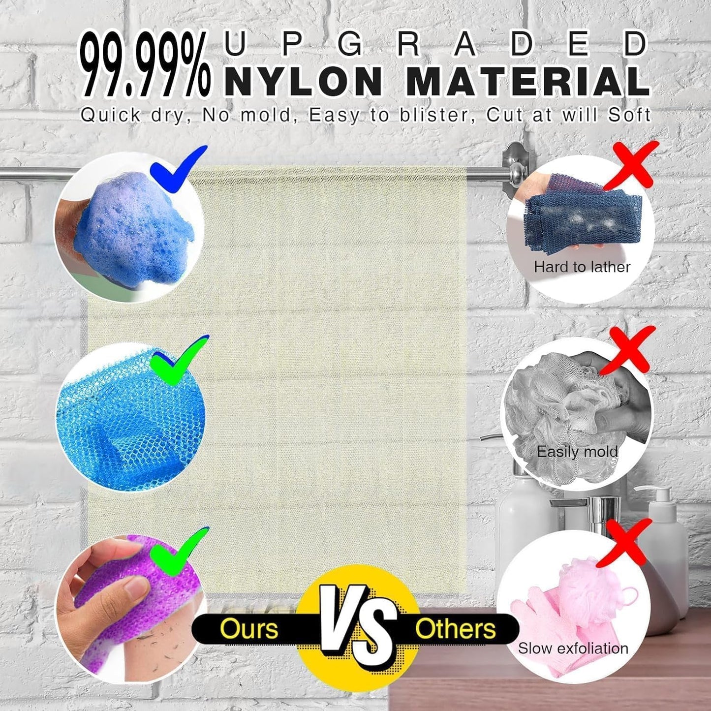 UJFQBH 4 Pieces African exfoliating net African Net Long Net Bath Sponge Exfoliating Shower Body Scrubber Back Scrubber Skin Smoother,Great for Daily Use (Purple, Blue, Green, White)