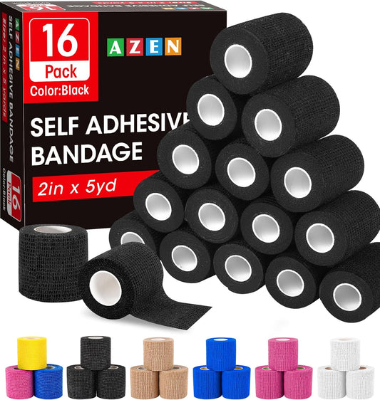 AZEN 16 Pack Self Adhesive Bandage Wrap Black, 2" X 5 Yards Black Athletic Tape, Vet Wrap, Tattoo Grip Tape Wrap，Ankle Tape, Cohesive Bandage Wrap