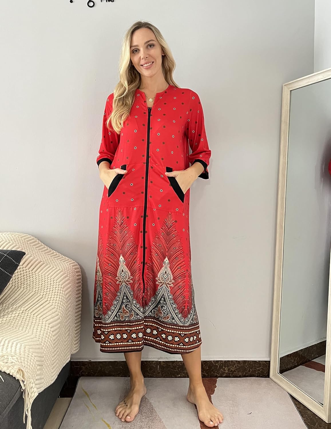 Ekouaer Women Zipper Robe 3/4 Sleeves Loungewear Dress Full Length Sleepwear Pockets Housecoat Nightgown Long Bathrobe