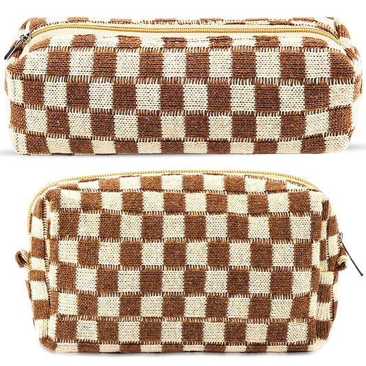 2Pcs Checkered Pencil Case Cute Pencil Pouch for Teens Checkered Makeup Bag Travel Cosmetic Bag Set Cute Makeup Pouch for Purse Portable Zippered Skincare Bags Preppy Toiletry Bags Organizer(Brown)