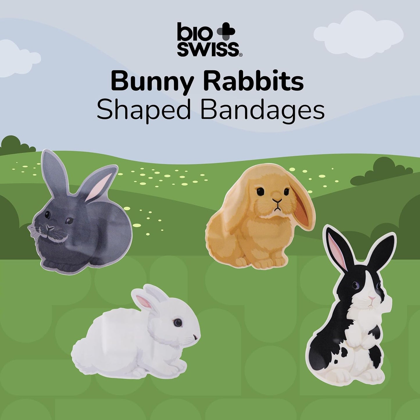 BioSwiss Kids Bandages, Bunny Rabbits Shaped Self Adhesive Bandage Set, Latex Free, Sterile Wound Care, 50 Count
