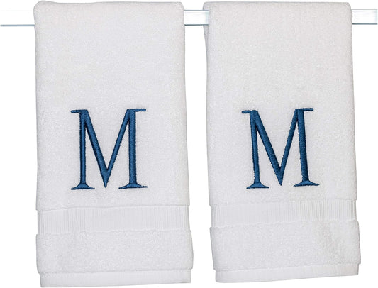 Monogrammed Hand Towels for Bathroom - Luxury Hotel Quality Personalized Initial Decorative Embroidered Bath Towel for Powder Room, Spa - GOTS Organic Certified - Set of 2 Navy Letter M