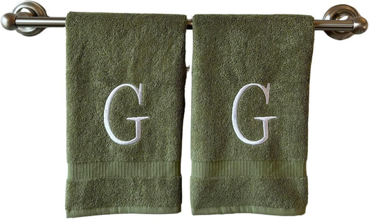 Sage Initial Hand Towel for Bathroom - Monogrammed Luxury Hotel Quality Decorative Embroidered Towel for Powder Room, Spa - GOTS Organic Certified - Set of 2 Letter G