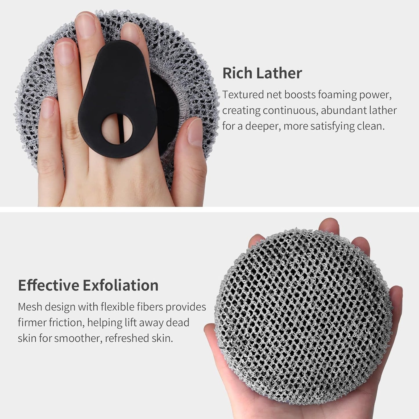 Silicone Body Scrubber with Scrub Net Set, BEAUTAIL 2 Pack for Rich Lather, Deep Cleansing, and Exfoliation – Durable, Easy to Clean, Gentle or Firmer Options – 1 Shower Brush Black, 1 Scrub Net Gray