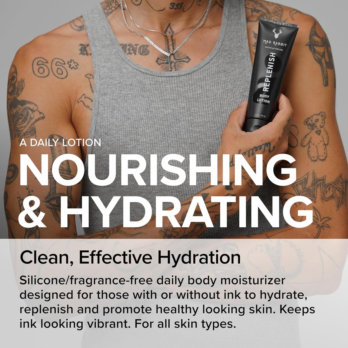 Replenish Tattoo Body Lotion - Fragrance-Free Lotion, Non-Greasy & Silicone-Free, Clean Ingredients, Lightweight for Daily Use (3.4 Fl Oz)