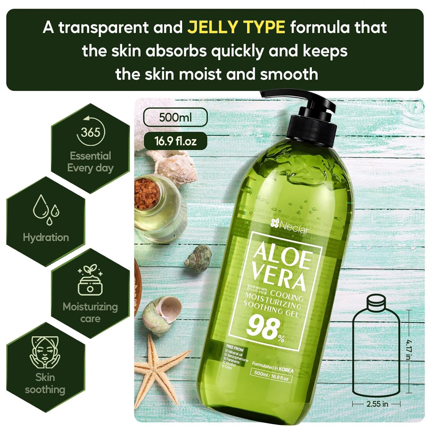 Aloe Vera Gel - for Sunburn Relief - Big 16.9 oz / 500ml - 98% Pure Aloe Gel - For Face, Skin and Hair - After Sun Care lotion - Sun Burn Moisturizer Cream (16.9 Fl oz)