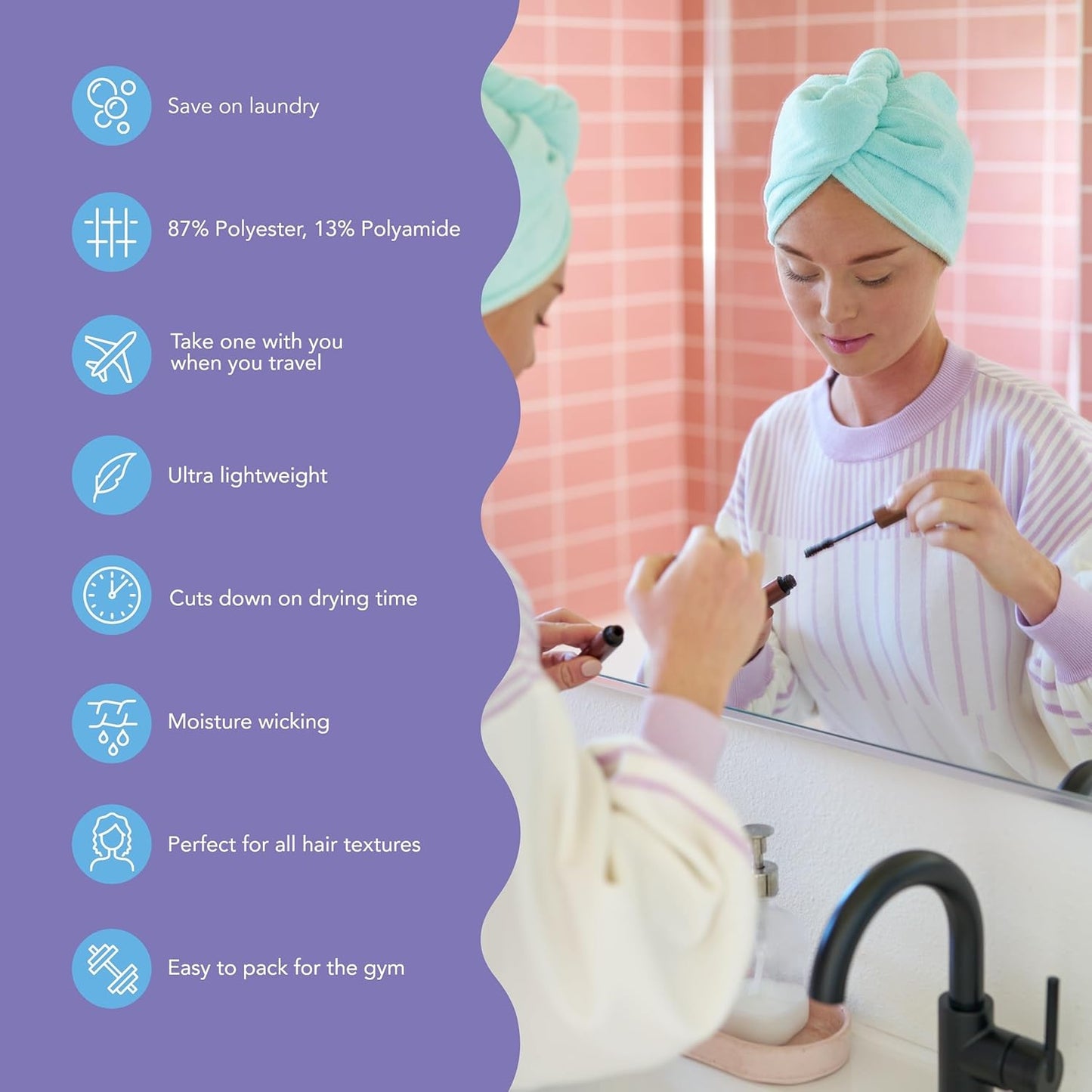 Turbie Twist 4-Pack Microfiber Hair Towel for Beauty, Travel, Gifting - Hair Wrap Turban for Straight, Wavy & Curly Hair - Premium Personal Care - Pink, Purple, Blue & Aqua