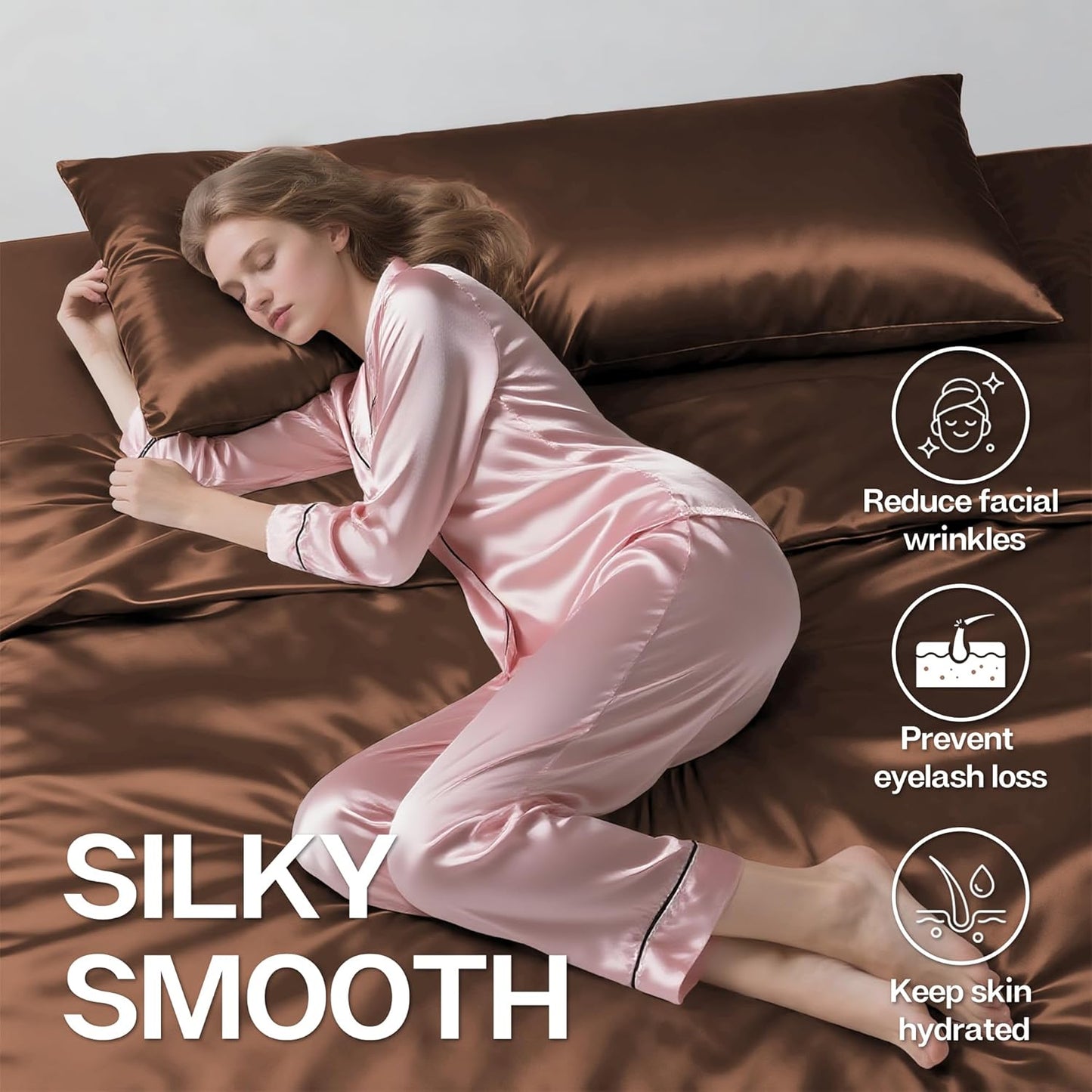 MR&HM Satin Body Pillow Cover, Soft and Breathable Body Pillow Case with Envelope Closure, Cooling and Silky Long Pillowcase for Hair and Skin,Grey (20x54, Brown)