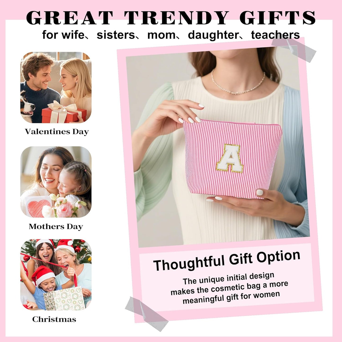 Travel Makeup Bag Organizer - Travel Essentials Toiletry Bag for Women, Initial Travel Toiletry Bag with Zipper | Preppy Stuff Birthday Gifts for Women Mom Daughter, Pink Letter G