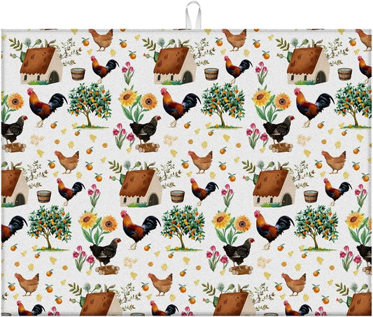 Dish Drying Mat For Kitchen Counter, Farmhouse Rooster Microfiber Absorbent Dish Drainer Rack Pad Reusable Large 18x24in Drying Mat