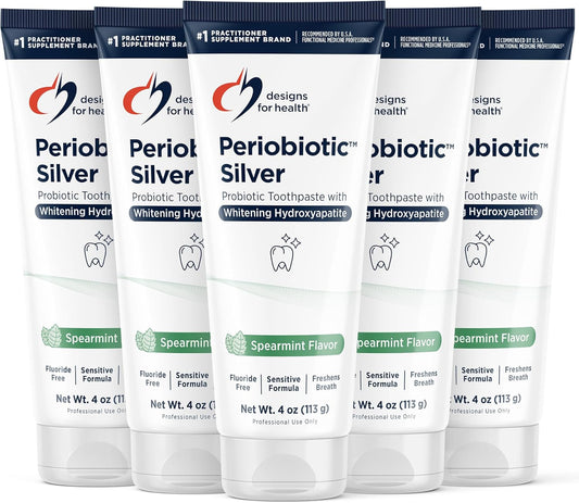 Designs for Health Periobiotic Silver Hydroxyapatite Toothpaste - Fluoride Free Toothpaste with Oral Probiotics - Supports Gum Health & Remineralization, 4oz Mint (Pack of 5)