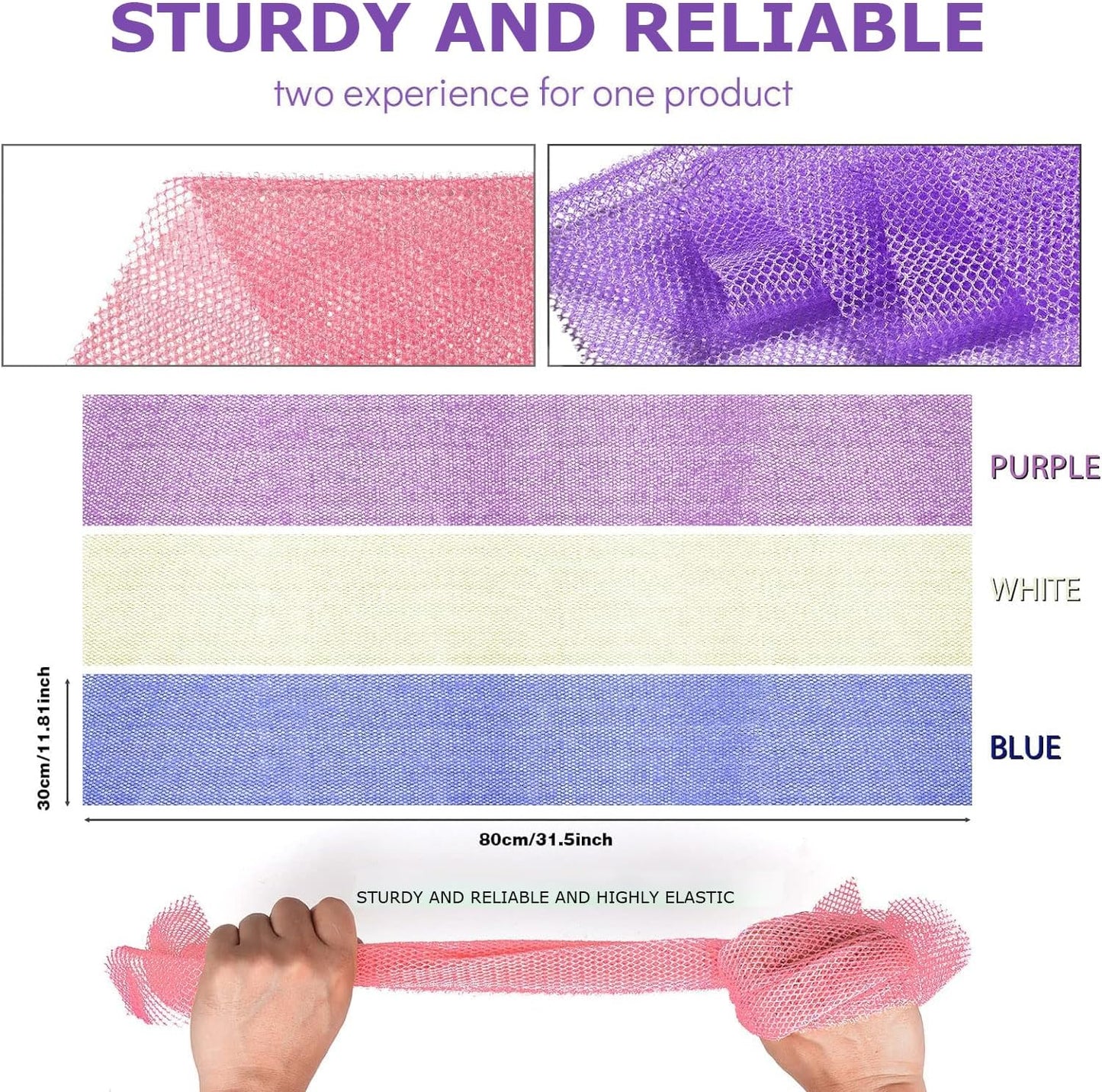 UJFQBH 3 Pieces African Bath Sponge African Net Long Net Bath Sponge Exfoliating Shower Body Scrubber Back Scrubber Skin Smoother,Great for Daily Use (Purple,Blue,Off-White)