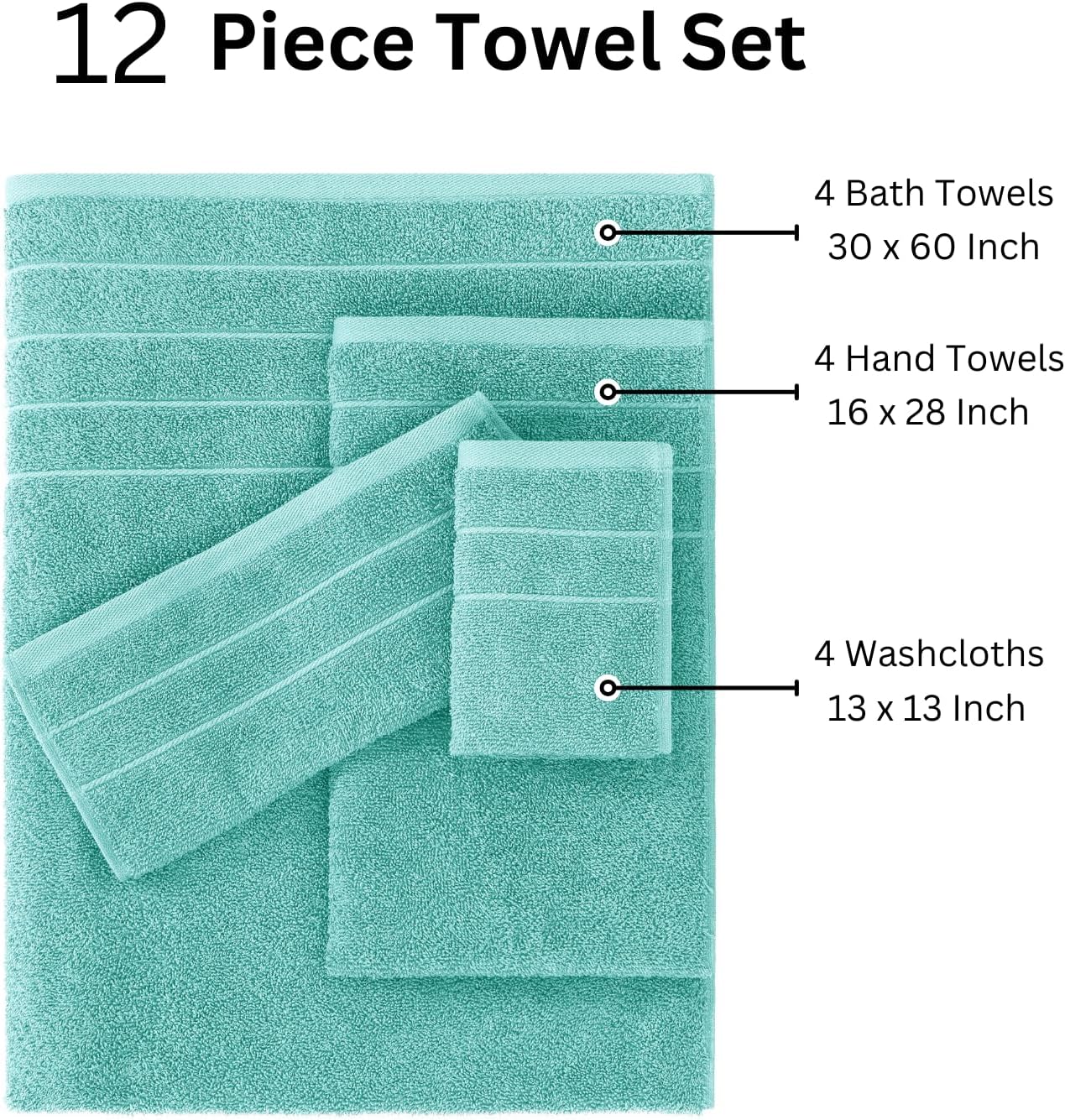 Casa Platino 100% Cotton Premium Bathroom Towel Set - 12 Pieces - Ring Spun, Quick Dry, Super Soft & Highly Absorbent - 4 Bath Towels, 4 Washcloths, 4 Hand Towels for Bathroom - Pre Shrunk - Aqua Sky