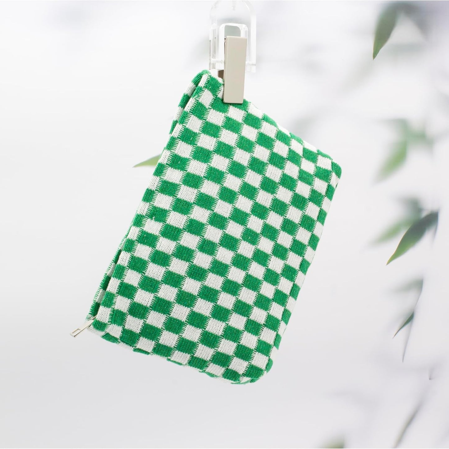 PAZIMIIK Knitted Checkered Makeup Bag Large Zipper Make Up Accessory Pouch for Purse Cosmetic Brush Bag for Travel Essential,Green