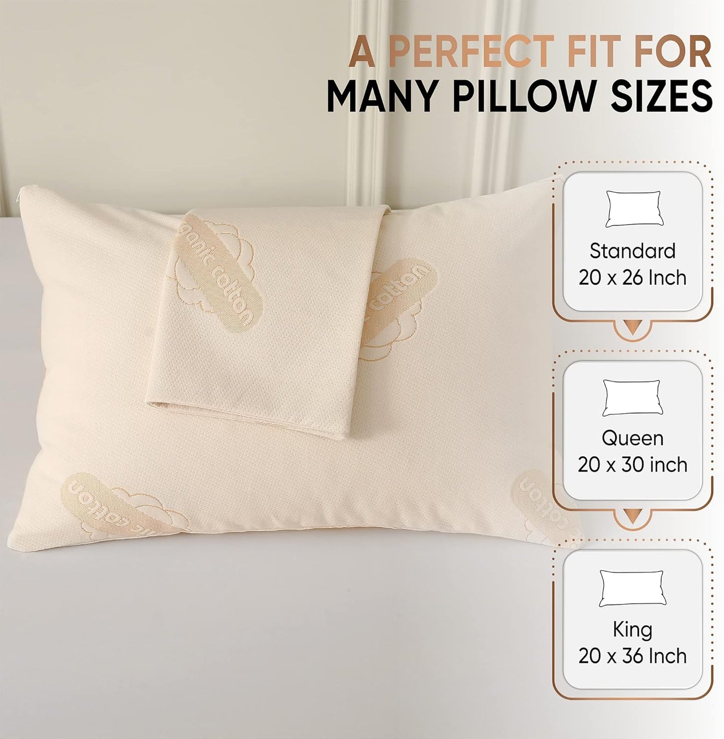 2-Pack Deluxe Organic Cotton Pillow Protectors Queen Size - Certified Organic, Waterproof, Zippered Encasement, Ultra-Soft Knit Fabric, Thick 280 GSM Cotton