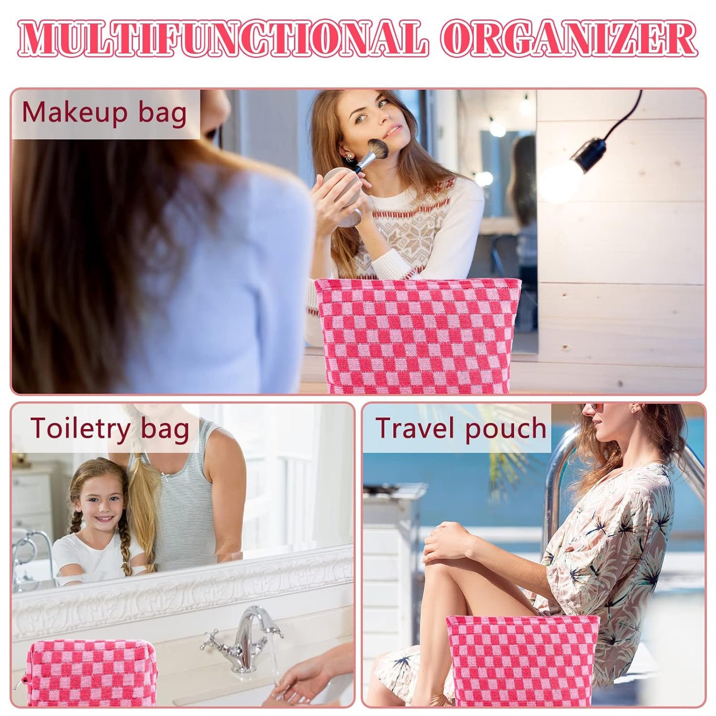 ZLFSRQ 2Pcs Makeup Bag Checkered Cosmetic Bag Set Travel Toiletry Bags for Purse Large Small Makeup Pouch for Women Cute Preppy Pencil Pouch Case Pink Zipper Skincare Bags