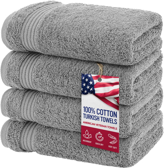 American Veteran Towel, Hand Towels for Bathroom Set of 4, 100% Cotton Turkish Hand Towel Sets, Soft Hand Face Towels, Light Grey Hand Towels