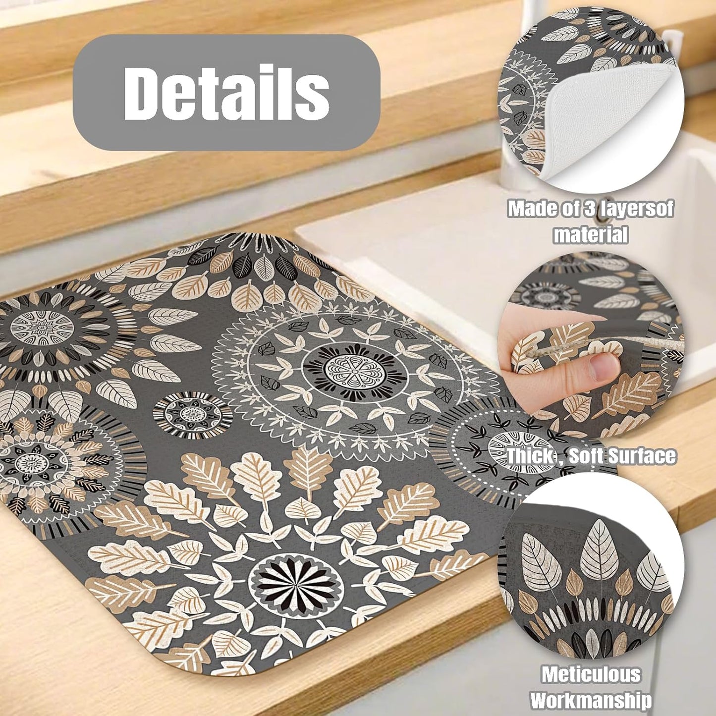 Dish Drying Mat for Kitchen Counter Large 16" x 18" Mandala Absorbent Microfiber Dishes Drainer Rack Mats Pad Reusable Washable