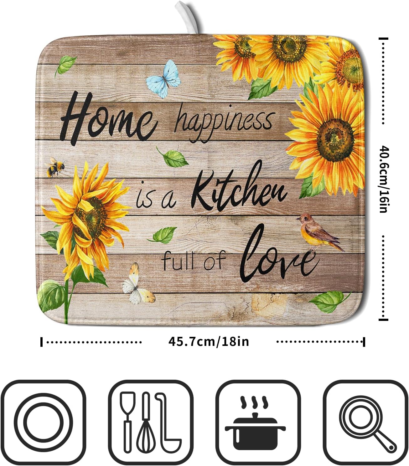 Sunflower Floral Dish Drying Mat for Kitchen Countertop 16x18 inch Rustic Wood Washable Microfiber Absorbent Dishes Drainer Rack Pad
