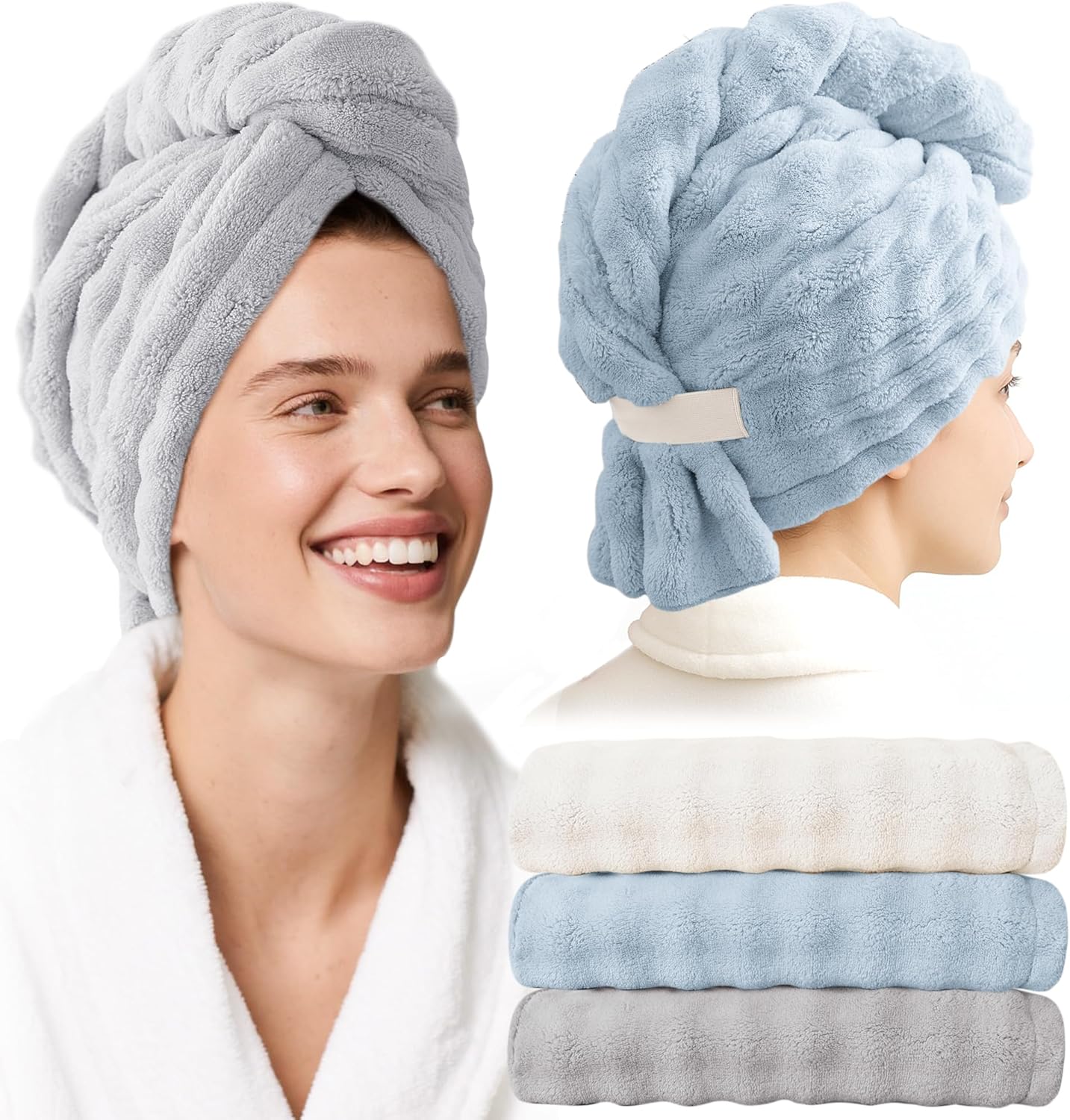 Microfiber Hair Towel Wrap for Women - 3 Pack Super Absorbent Quick Dry Hair Turban for Curly/Straight/Long/Short Hair (32"x11")
