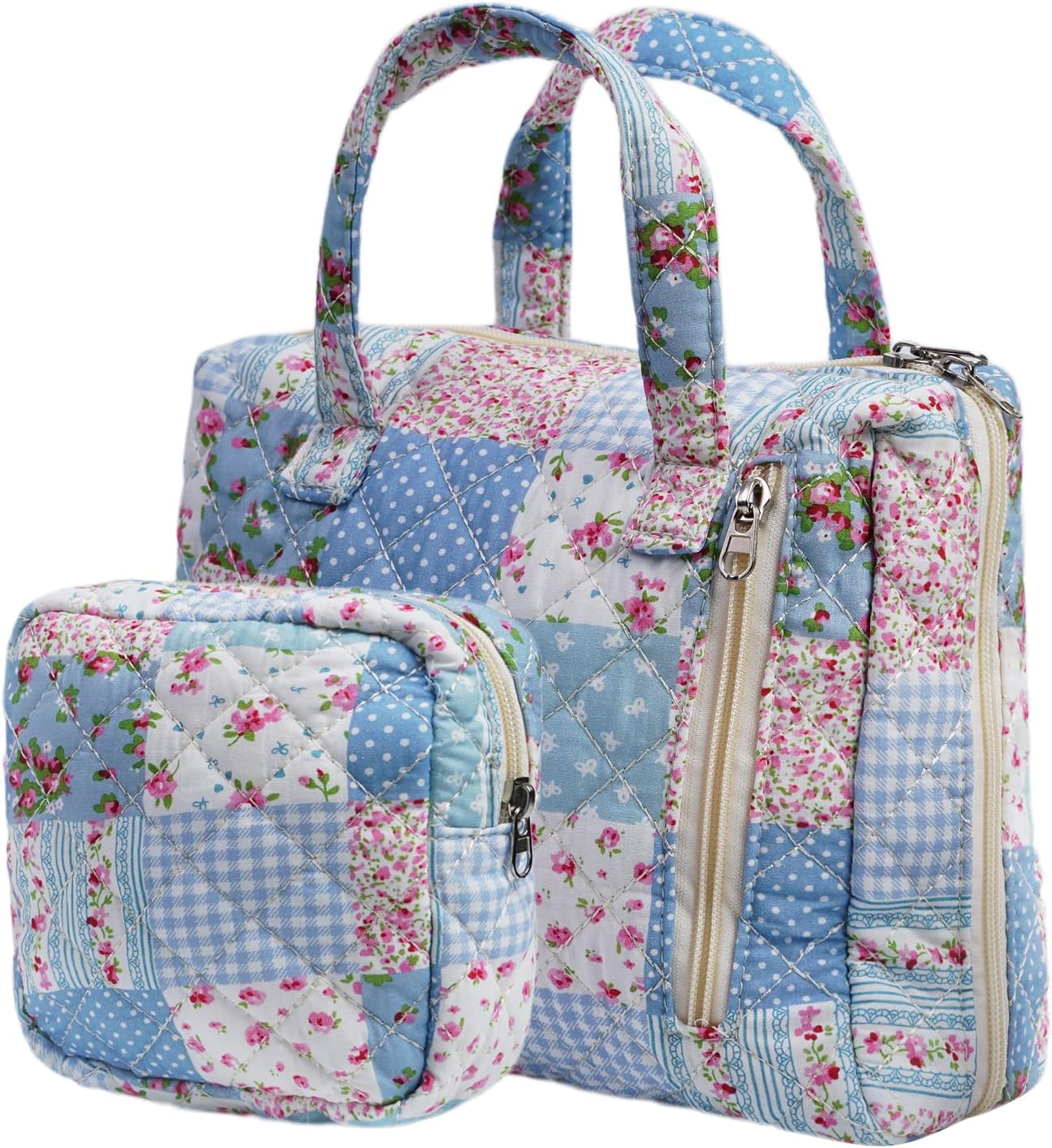 Cute Quilted Floral Makeup Bag(2Pcs)，Coquette Aesthetic Cosmetic Bag，Travel Toiletry Bags， Kawaii Aesthetic pouch for Women (15-GridRose)