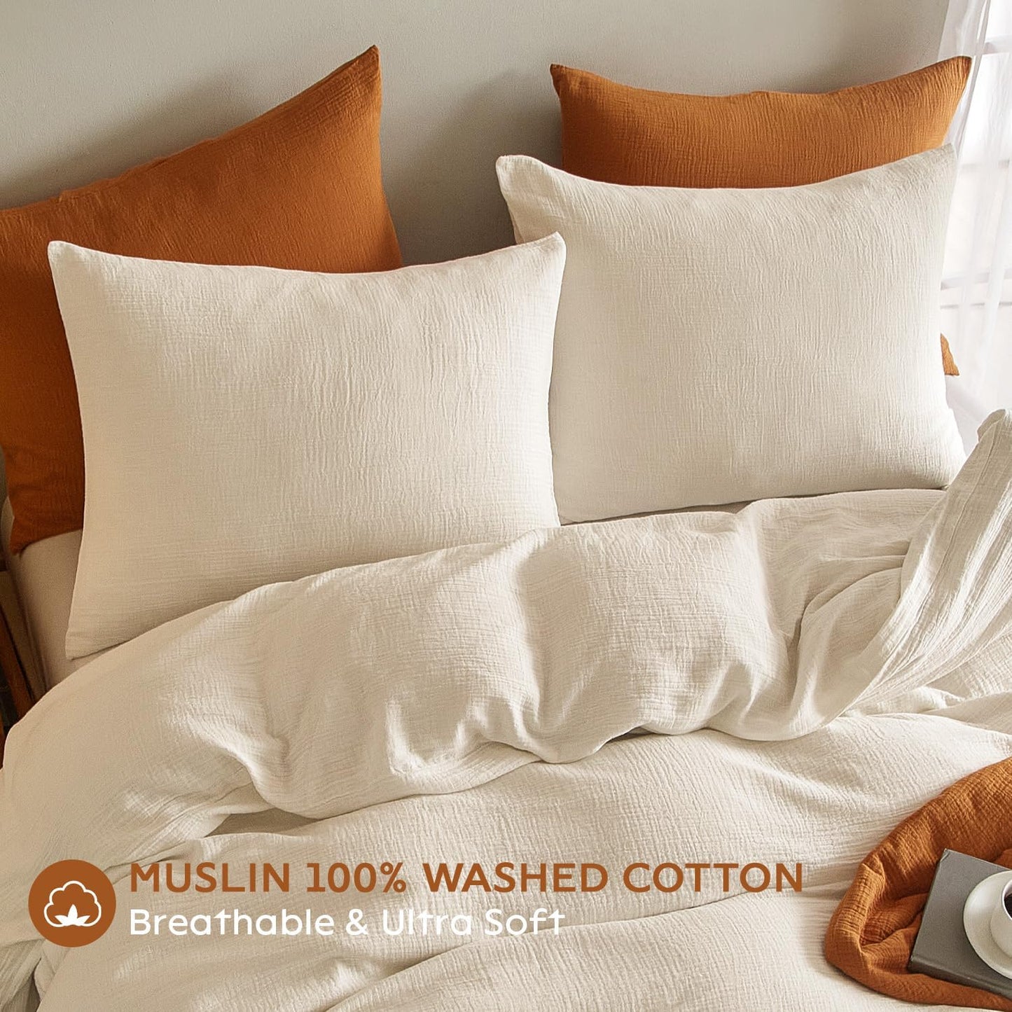 SE SOFTEXLY Muslin Pillowcases Queen Size 100% Cotton, 2 Pack Linen Like Pillow Shams with Envelope Closure, Ultral Soft and Breathable Pillow Case Covers, Off-White, 20" X 30", No Filling