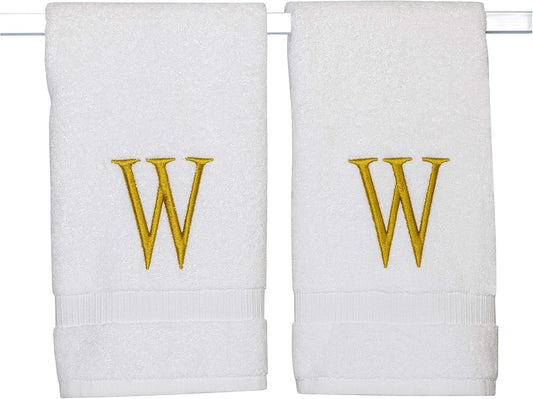 Monogrammed Hand Towels for Bathroom - Luxury Hotel Quality Personalized Initial Decorative Embroidered Bath Towel for Powder Room, Spa - GOTS Organic Certified - Set of 2 Gold Letter W