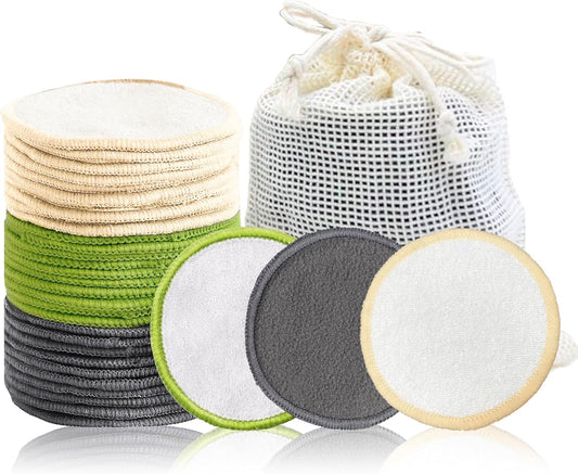 Reusable Makeup Remover Pads - 30 Packs Soft & Washable Bamboo Cotton Rounds, Reusable Face Pads for Skincare & Cleansing, Cotton Rounds with Mesh Bag for Storage