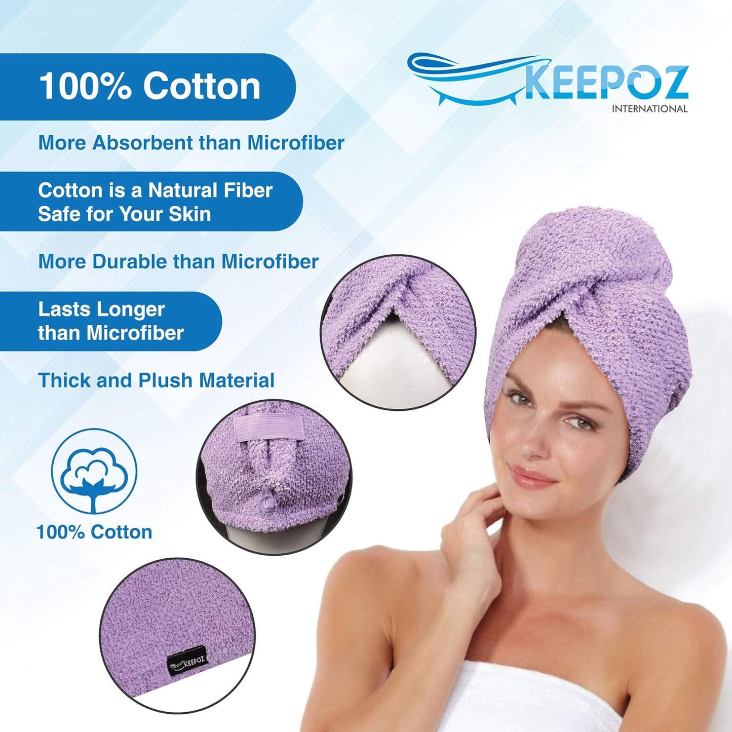 KEEPOZ Hair Towel Wrap Quick Dry 100% Cotton Super Absorbent Turban Head Wrap for Women with Button, Non Microfiber Anti Frizz Products, Hair Cap for Curly, Long (Lilac Pink Check, 2 Pcs)