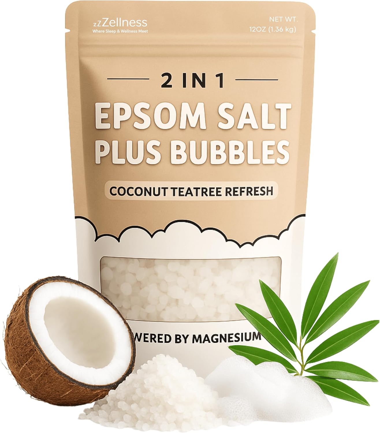 Epsom Salt Plus Bubbles – Coconut & Teatree Scented Foaming Bath Soak – Magnesium Sulfate for Muscle Recovery, Stress Relief & Relaxation – Great for Aromatherapy – 12 oz