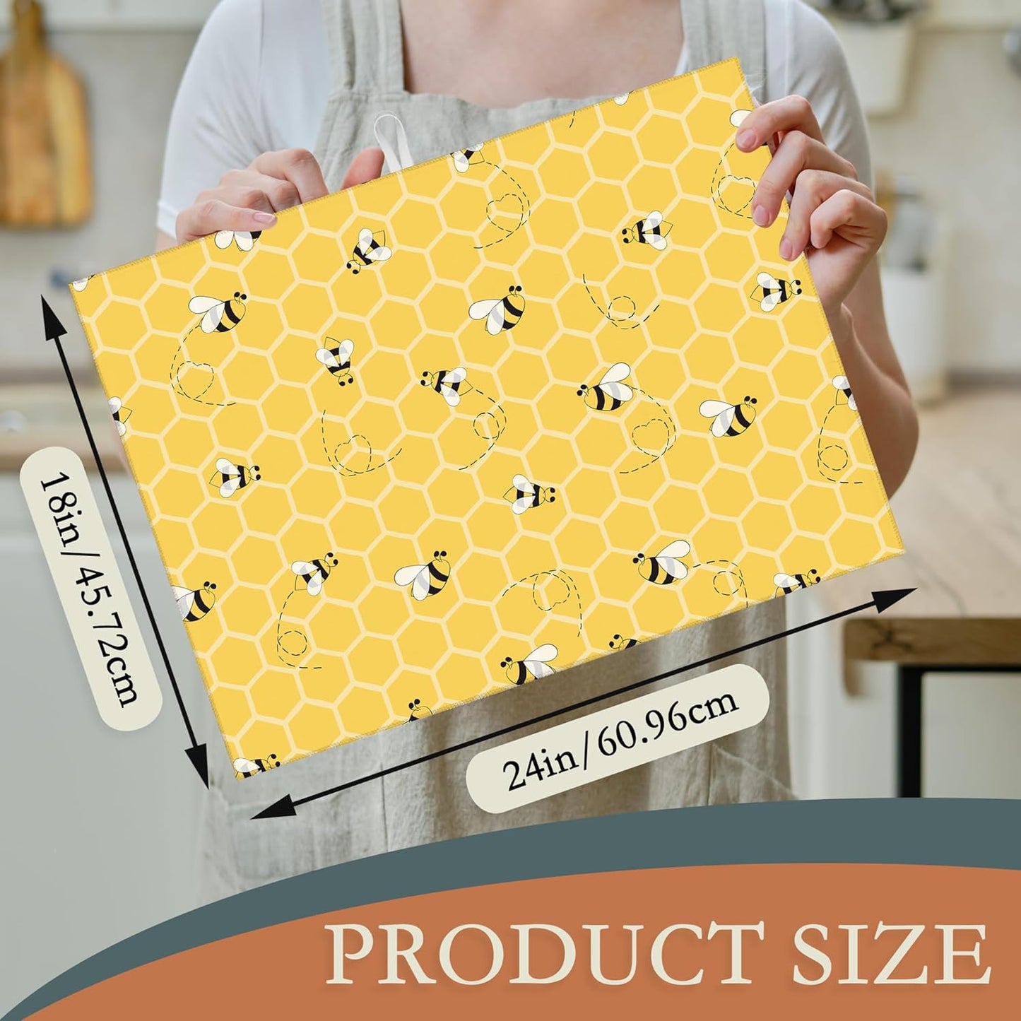 Yellow Bees Dish Drying Rack Mats Decor,Honey Honeycombs Dish Pad Drying Mat Kitchen Counter 18x24 Inch Absorbent Reversible Microfiber for Coffee Bar Sink Countertop